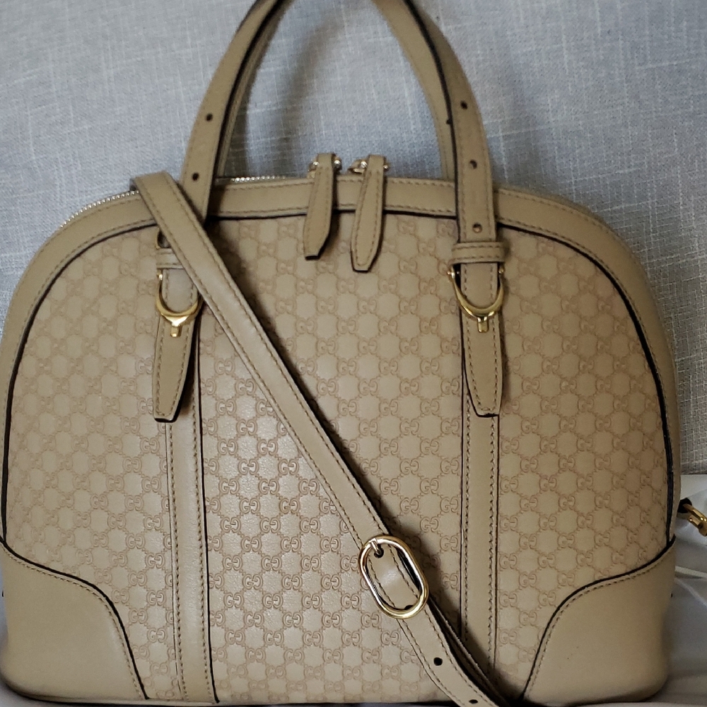 Gucci Micro GG Shima Tan Luxury Designer Handbag Dome Satchel Crossbody Tote Bag